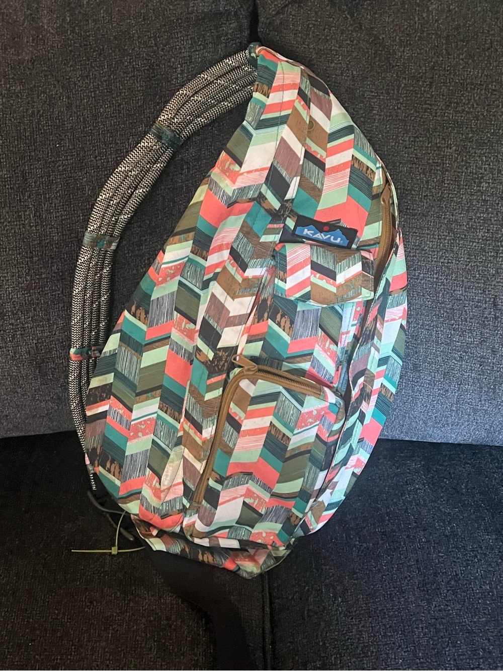 KAVU Rope Sling Bag Multi Color Chevron Geometric Crossbody Backpack Purse